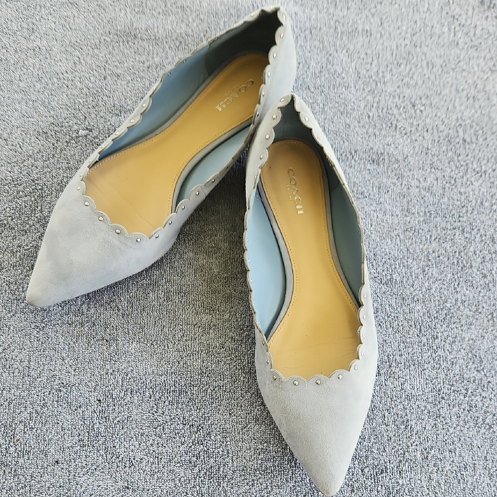 Coach Women's Light Blue Suede Flats With Scalloped Edge. Size 10.